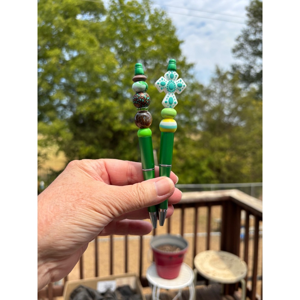 Handmade Beaded Pens Green Cross Focal Earthy Brown Marble Ballpoint Set of 2